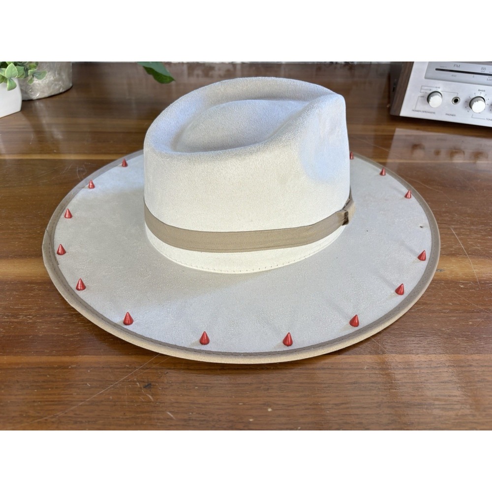 Summit Hats Cream Suede Fedora Wide Brim Spiked Cone Studs Feather Festival Sz L - Picture 5 of 11